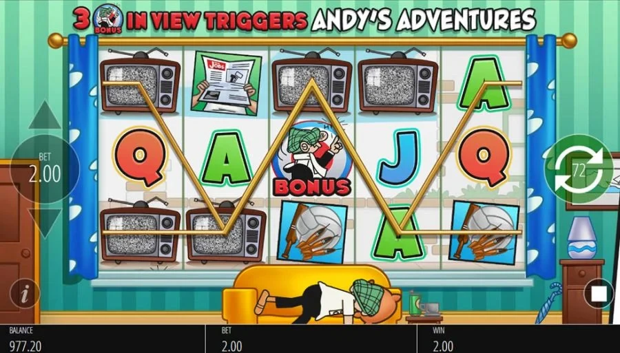 Andy Capp gokkast in beeld: vijf rollen met televisies, krant en letters, Andy op de bank en het bonussymbool midden op de rollen